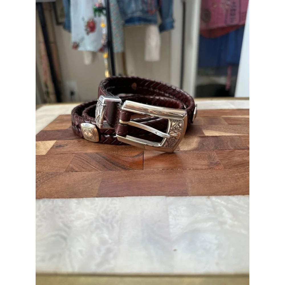 Brighton Braided‎ Leather SZ M 30 Belt Brown Silver Engraved Buckle Western Boho